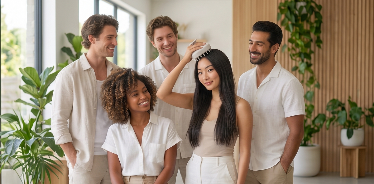 A group of four people standing together in a bright modern indoor space with large windows and plants, alongside a close-up product shot of a light gray scalp massager on the right.