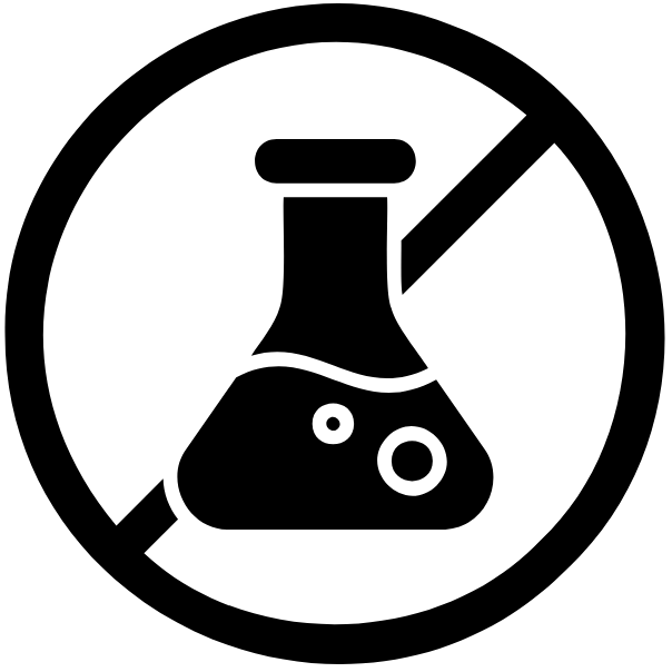 A black circular prohibition-style icon with a beaker crossed out by a diagonal line, plus small text below reading 'Created by mangunkarsa from Noun Project' on a white background.