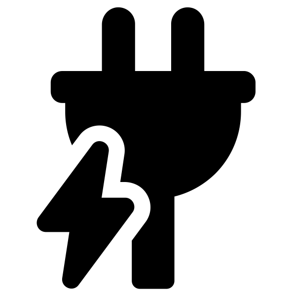 A minimalist black icon of a two-prong electrical plug with a lightning bolt crossing in front, on a white background. Small text below reads 'Created by Adrien Coquet from Noun Project'.